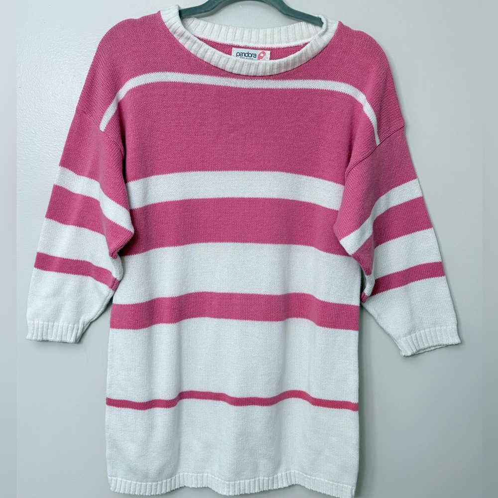 Vintage Pandora Tunic 3/4 Length Pink And White Striped Sweater Woman’s Medium